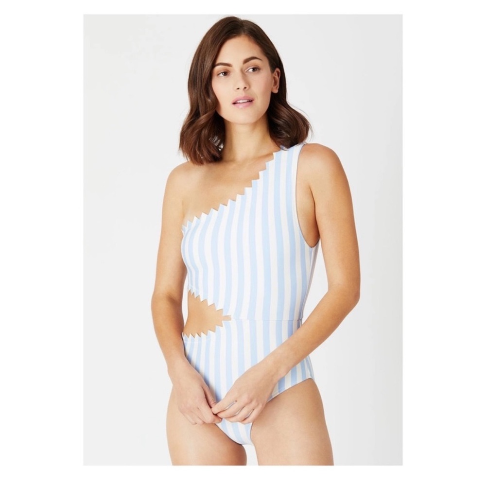 Onia One-Shoulder Blue and White Striped Cutout One-Piece